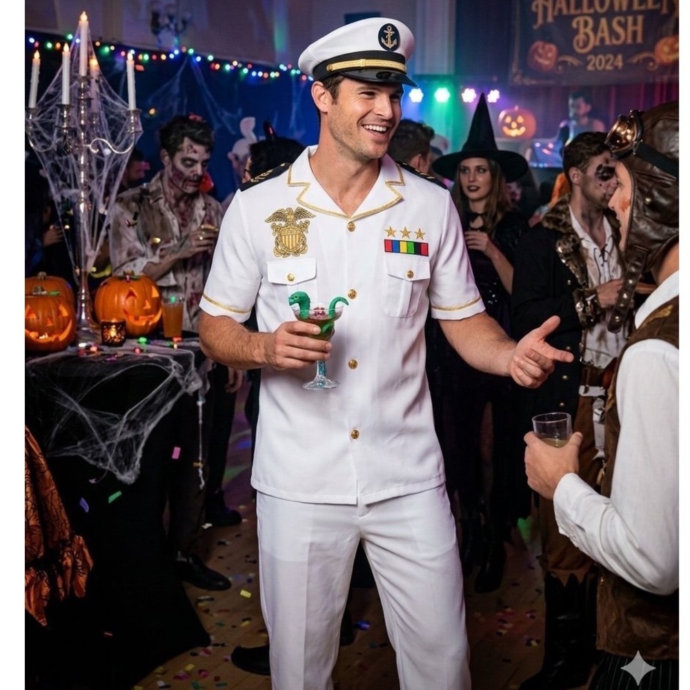 Smiffys Mens Captain Costume White Naval Uniform Hat Top Trousers XL Halloween